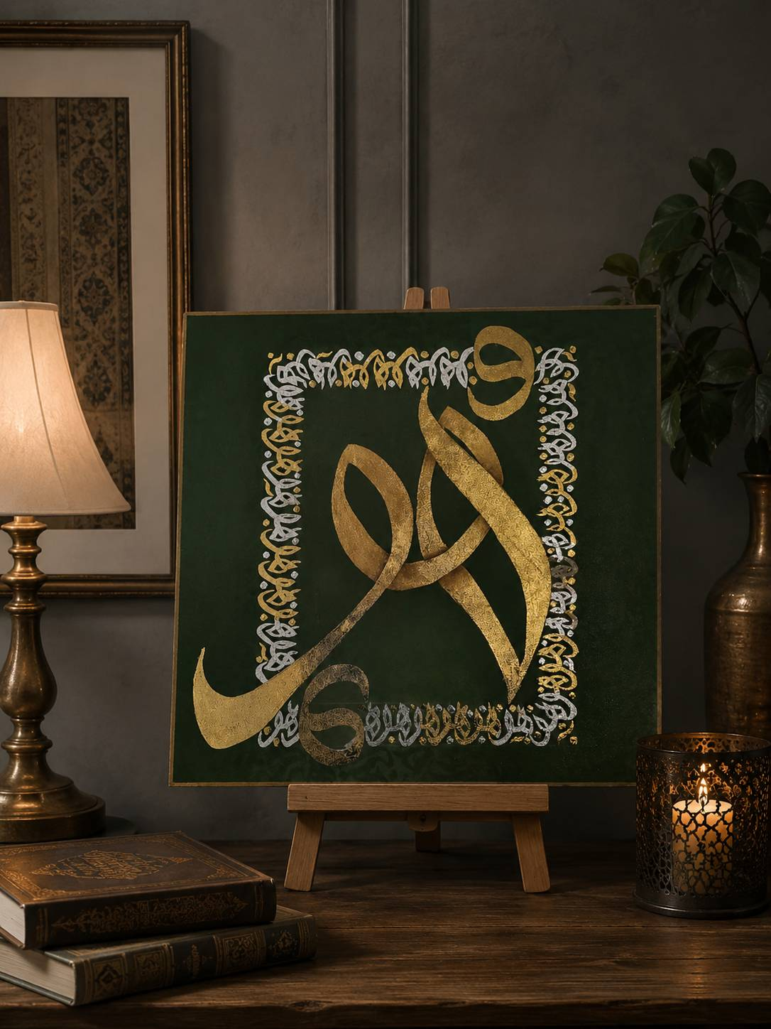  تابلو کالیگرافی ورق طلا و نقره طرح هو طرح و رنگ 